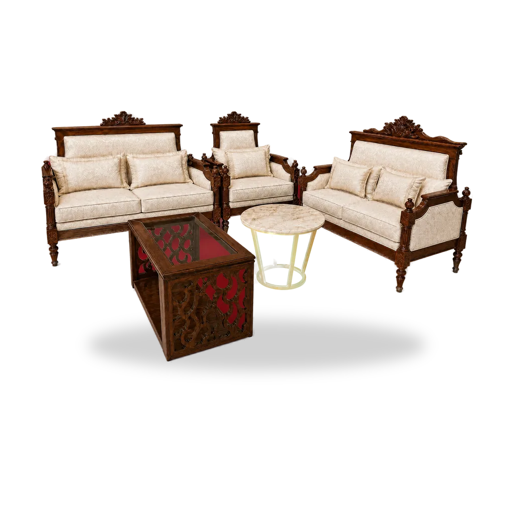 Classic carved wooden sofa set with cream damask cushions and fretwork coffee table